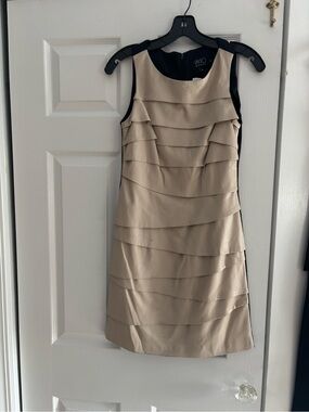 Vakko Beige and Black Layered Sleeveless Shift Dress